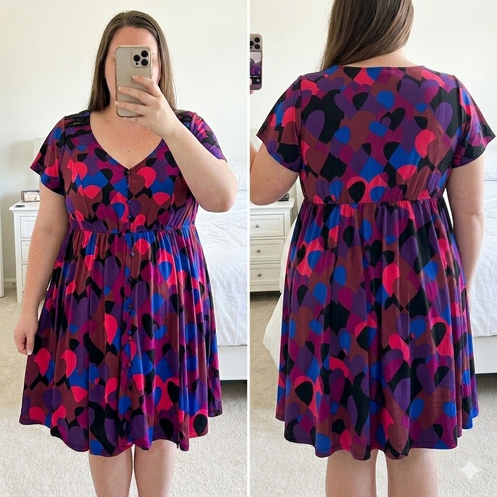 Torrid Mini Dress Size 4 4X Purple Pink Black Geometric Heart Button Front Knit